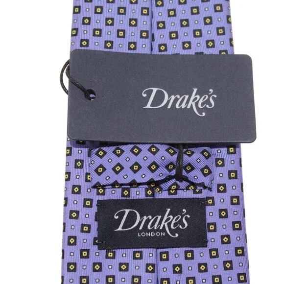 Drake's NWT Neck Tie Purple w Blackish Blue/Yellow/White Geo Pattern 100% Silk